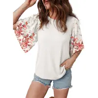 EVALESS Women's Boho T Shirts Tops Casual Loose Stretchy Ribbed Shirts Crew Neck 3/4 Sleeve Floral Print Patchwork Blouses 2026 Trendy Spring Summer Outfits  Deals For You Days summer outfits
