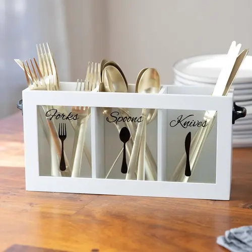 BLU MONACO Sturdy Classic Wooden Cutlery Caddy Organizer Bin with Handles - Home Storage Holder for Metal/Plastic Forks, Spoons, Knives - 12"x3.25"x6"