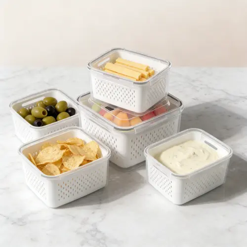 Transparent Plastic Stackable Strainer Storage Jars (5pcs/10pcs, 27oz/380ml Multi-Size) - Kitchen Gadgets Storage Containers with Removable Colander, Leakproof, Dishwasher & Microwave Safe, All-in-1 Wash+Drain+Store Fridge Organization Tool, Utensils, Foo