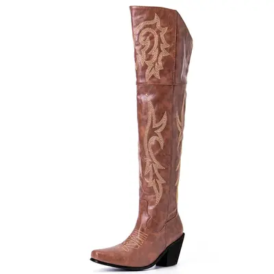 AOSPHIRAYLIAN Women's Knee-High Boots - Pointed Toe, Chunky Cork Heels, Vintage Embroidery, Western Elegance, Comfortable Heels Footwear for Shoe Enthusiasts