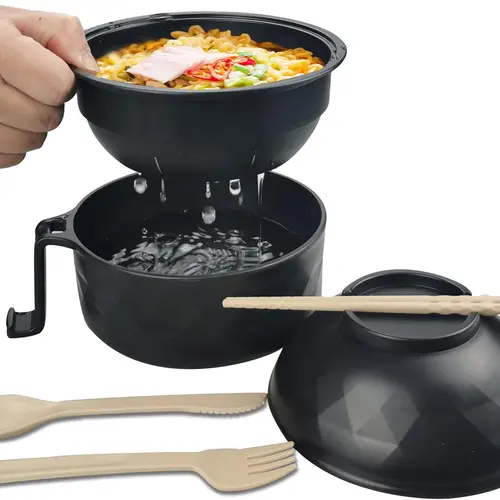 MIUVA Polypropylene Irregular Ramen Cooker Bowl Set (33oz,16.9oz) - Everyday Dinnerware Service Set with Chopsticks, Cover, Cutlery, Fast Meal Prep for College Dorms, Ideal for Heating Soup or Cereal, Adult,sohochic