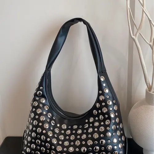 Women's Vintage Rivet Design Shoulder Bag, Versatile Underarm Commuter Bag, Stylish Outdoors Handbag for Daily Use, Fashionable Shoulder Bag, Elegant Bag, Handbag Shoulder Purse, Fashionable Bags