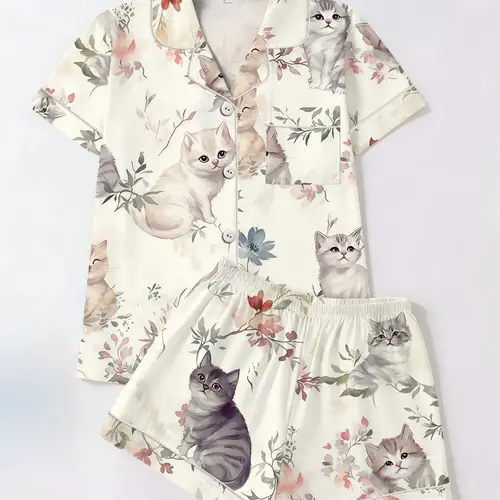 Cute Cat & Floral Print Pajamas Set, Pyjamas Set, Loungewear, Short Sleeve Shirt & Shorts, Two-Piece Set, Casual Home Wear for All Seasons