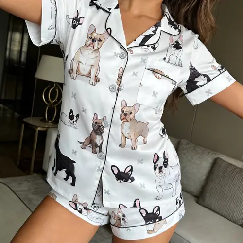 Women's French Bulldog Print Pajama Set, Short Sleeve Shorts Notch Collar Open Front Two-Piece Loungewear Set Nightwear