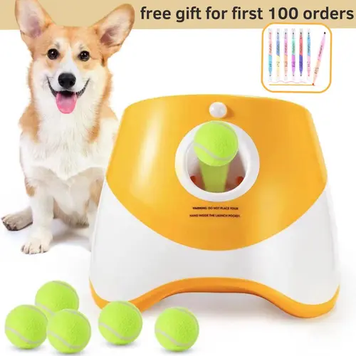 Automatic Dog Ball Launcher Set with Auto Throw Function, 3 Adjustable Modes, Adjustable Launching Distance, 3 Durable Heart-Shaped Chew Tennis Balls, Interactive Chew Healthy Fetch Toy, Space-Saving Indoor & Outdoor Use, 10.2x8.4x10.7in (Pet Supplies), 1