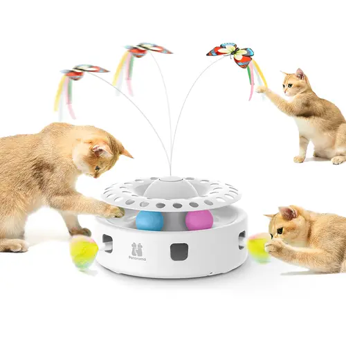 Potaroma 3-in-1 Automatic Interactive Cat Toy - Fluttering Butterfly, Moving Ambush Feather, Track-Ball Chase, Dual Power Supplies, USB-Powered Indoor Exercise Kicker for Cats & Kittens