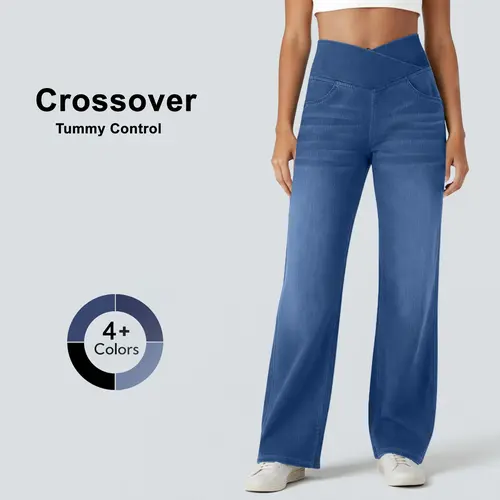 FireSwan Women's Greenish 2026 Crossover High-Waisted Tummy Control Knit Denim Jeans, Casual Straight Wide-Leg Denim Clothes with Pockets for Outdoor Fun #TikTokShopSpringGlowUp,summerwins,back to school shopping,sohochic