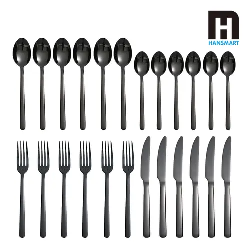 24-Piece Polished Stainless Steel Cutlery Set - Thick Matte Black Kitchen Tableware with Forks, Spoons, Knives, Dessert Spoon Set, Dishwasher-Safe Modern Flatware for Home Dining, Indoor Events