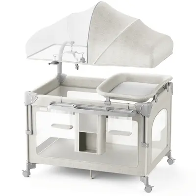 BabyBond 3-in-1 Baby Bassinet - Kid-Safe Folding Oxford/PP/Metal Bedside Crib Sleeper, Easy-Assemble Portable Floor Playpen, 2 Adjustable Heights, Removable Diaper Pad, Storage Bag, Mosquito Net, 3 Toys, Toy Rack, Wheels (0-2 Years),sohochic