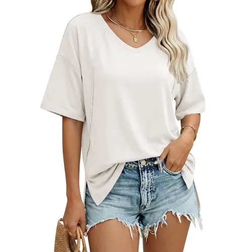 Imily Bela Summer Simple Style Womens Oversized Short Sleeve Casual V Neck Tunic Tops Loose Fit Side Split Basic T-Shirts