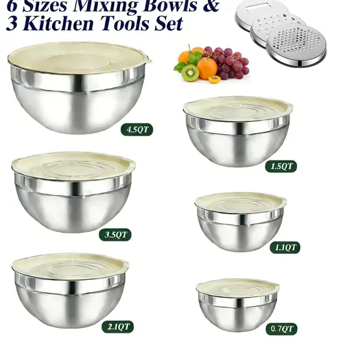 9pcs Classic Stainless Steel Nesting Mixing Bowls Set with Lids & 3 Grate Attachments - Durable, Rustproof Steel, Ergonomic Kitchenware for Mix, Store, Serve - 4.5,3.5,2.1,1.5,1.1,0.7QT Sizes,sohochic