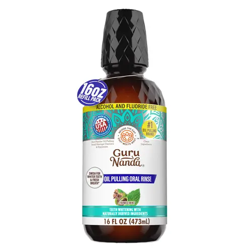 GuruNanda Refill Size Farmed Mint Oil Pulling Mouthwash with 7 Essential Oils & 3 Vitamins, Promotes Fresh Breath & Happy Gums, Alcohol-Free, 16 fl oz