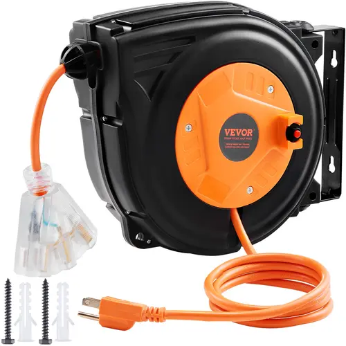 【toolupgrade】VEVOR Retractable Extension Cord Reel, Various specifications, Heavy Duty 3C SJTOW Power Cord, with Lighted Triple Tap Outlet, 15 Amp Circuit Breaker, 180° Swivel Bracket for Ceiling Tested to UL Standards, Outdoor, Heavy Wire