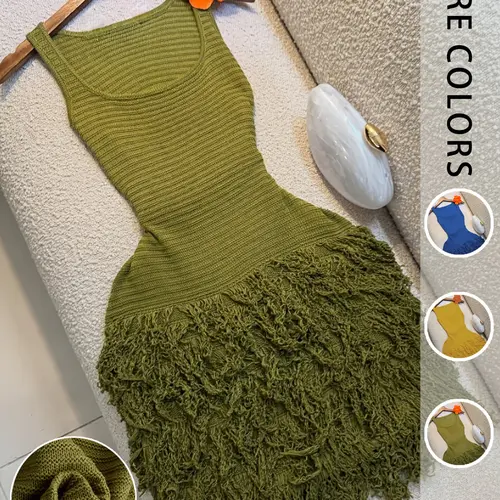 Elegant Knitted Dress for Women, Summer Vacation Fringe Dress, Slim-Fitting Bodycon Summer Dress, Plain Round Neck Sleeveless Dress for Spring & Summer