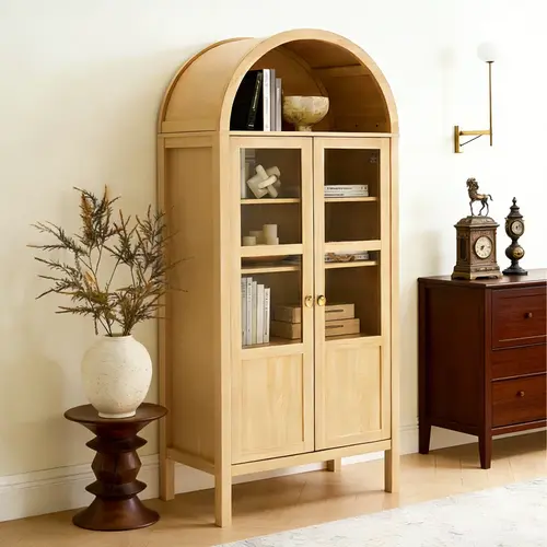 Sweetcrispy High Arched Curved Bookshelf Cabinet - 4-Tier Aesthetic Bookshelf with Glass Doors, 2 Drawers, Storage & Display for Living Room, Home Decor Furniture, Apartment Furniture, Multi-Shelf Living Room Furniture