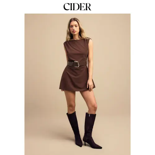 Cider Napoleonic Core Boat Neck Ruched Belted A-line Mini Dress Napoleon SohoChic