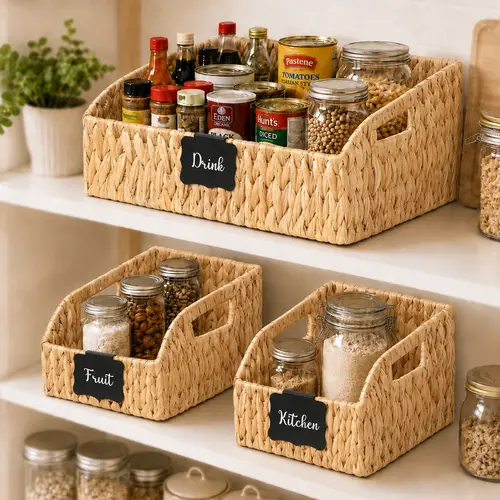 STYLAVE 3-Pack Eco-Friendly Water Hyacinth-Paper Brown Handwoven Degradable Storage Baskets, Slanted Front French Country Organizers with Handles & Chalkboard Labels, Multi-Room Home Bins for Entryway, Nursery