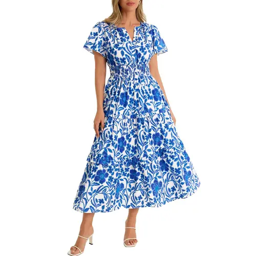Wenrine Women's Lightweight Flowy Casual Floral Print Dress - Summer Short Sleeve Polyester Blend V-Neck Smocked Tiered Skirt Boho Sundress, Machine Washable for Beach Holiday, Casual Dresses