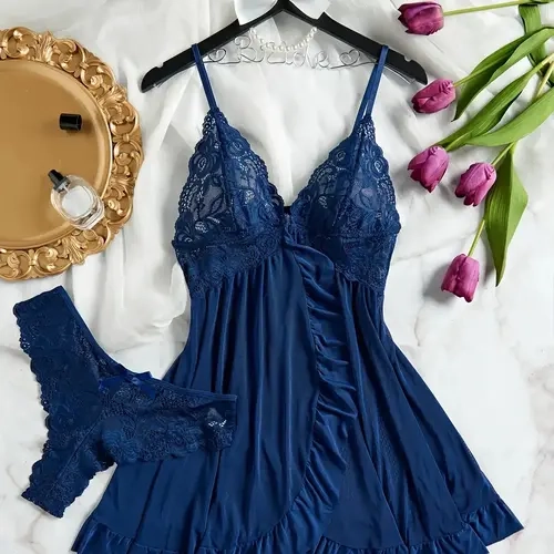 Women's Floral Lace Cut Out Mesh Adjustable Cami Nightdress & Bow Thong Underwear Sleepwear Loungewear Set, Elegant Sexy Chic Backless Wrap Ruffle Hem Nighty Dress & Panty Set, Women's Sexy Sleepwear