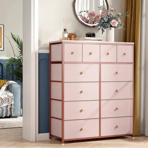 Raybee 12-Drawer Fabric Storage Cabinet - Furniture, Wooden Top, Metal Frame, 4 Medium Drawers, 12 lbs Load Capacity, Large Clothing Chest, Modern Neutral Indoor Cupboard for Bedroom, Closet, Fabric Storage Cabinets