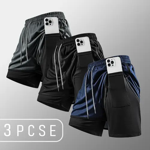 Men’s 2-in-1 fitness shorts: slim-fit athletic shorts made from high-stretch, quick-dry fabric with an inner pocket suitable for training; drawstring sports shorts, fitness training shorts.
