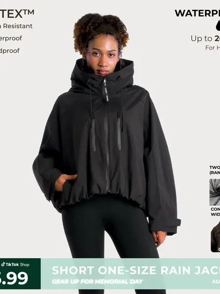 【Restocked】PUFFIT STM-TEX Short One-Size Rain Jacket With Pleated Hem,Hooded Jacket,Waterproof Jacket,Women Jacket,Wide-Brim Hood,Adjustable Cuffs,Zips,Outdoor Sport,Windbreaker,Fall,Winter,Dog Walking,School Running,Stylish,Womenswear,2026 Shopping