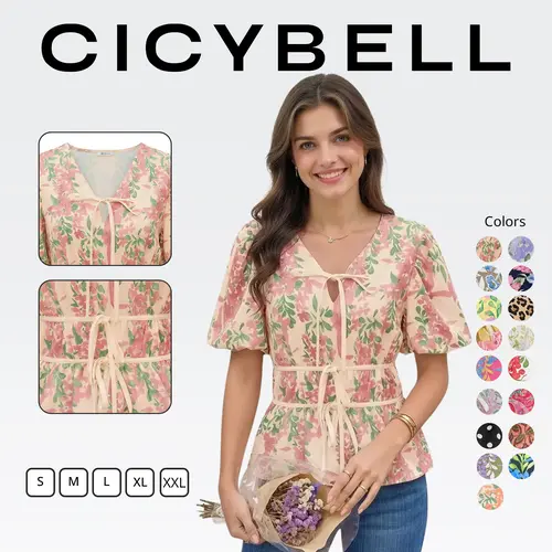Cicy Bell Womens Puff Sleeve Tie Front Tops Summer Babydoll Peplum V Neck Blouse Casual Dressy Pleated Floral Print Shirts Fabric Soft