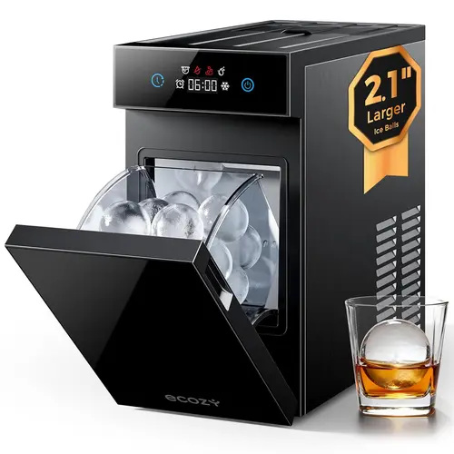 ecozy 2.1" Clear Ice Ball Maker Countertop, Minimal Footprint Sphere Ice Maker with CrystalFlux Technology, 8H Timer, 1 pc in 30 Mins, 48 pcs/Day, Self-Cleaning Round Ice Machine for Home Bar Whiskey, Bourbon, homedecor Ice Scoop