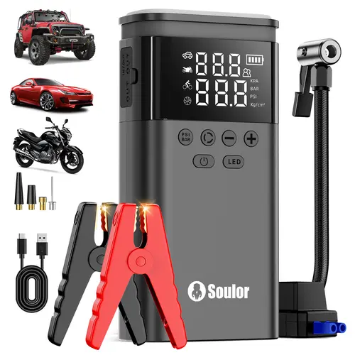 Soulor CYD22 Car Jump Starter 150PSI 5-in-1 10000mAh Power Bank LED SOS Air Compressor for Car SUV Truck with 3.3-inch LCD Display and 10-in-1 Smart Protection System