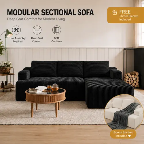 【2 Packages Shipping] L-Shape Plush Corduroy Velvet Modern Sofa with Deep Seat, Upholstered Couches for Living Room & Bedroom, No Assembly Required,Back To School