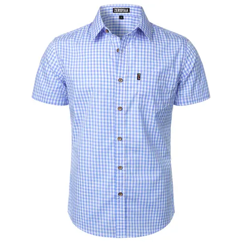 ZEROYAA Men's Casual Plaid Button Down Shirt Cotton Short Sleeve Gingham Dress Shirts Regular Fit with Pocket Strap Christmas,back to school,back to school shopping,sohochic