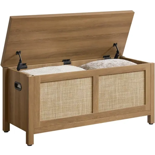 SICOTAS Oak Rattan Storage Chest Furniture - 39.4"w x 15.5"d x 18.9"h Home Storage Bench with 2 Safety Hinges, Flip Top, Assembly Required, 220 lb Capacity for Bedroom, Living Room, 15.5"D X 39.4"W X 18.9"H