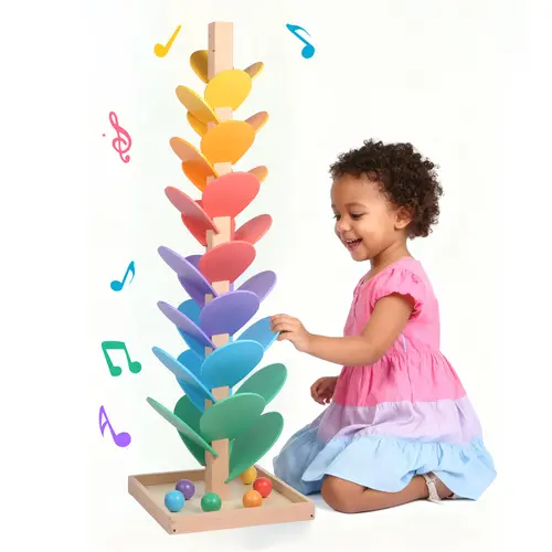 Wooden Marble Run Music Tree, Tumble Leaf Montessori Rainbow Singing Tree with Sound, Includes 12 Extra-Large 3cm Marbles Ball for Safer Play, Color Sorting STEM Learning Toy, Gift for Kids