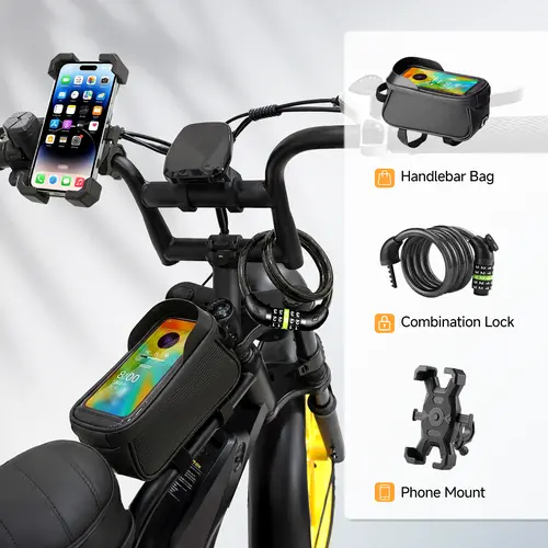 3-in-1 E-Bike Accessory Set for Bicyclists & Scooters, Outdoor Gear - IPX4 Waterproof Bag, 42" Anticut Steel Cable Lock, Shockproof 360° Rotating Phone Mount with Shockproof Padding