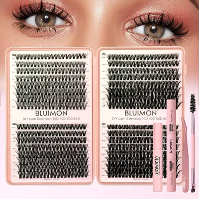 Women's DIY Eyelash Clusters Kit - 4 Styles, 640 Pcs Mixed Length Individual Lashes with Tweezers, Glue, Remover & Pouch, DD Curl Eyelash Extensions for Nature Cat Eye Looks, Comfortable for Your Lid, Adults' Professional Makeup Accessory