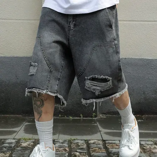 Men's Vintage Distressed cargo shorts, Pocket, Loose-Fit Retro Denim Cargo Pants for Summer, Fashionable, Casual & Durable Design, Menswear, Denim Wash Shorts, Classic Jean Shorts