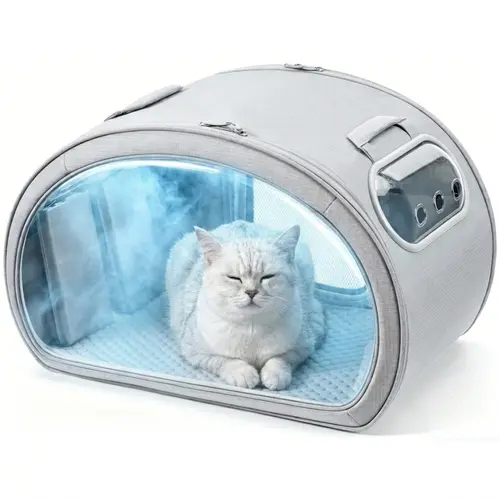 Pecute Foldable Small Cat House & Carrier with Modern Design, Hidden Steel Frame, Fiberglass Rods, Full-View Bubble Window, 6 Ice Packs for Icepack Cool Boost, Aluminum Insulation, Detachable Blanket, Carry Bag for Vet Visits