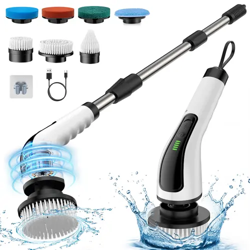 Upgraded Electric Spin Scrubber, Cordless Bathroom Scrubber with 7 Replaceable Brush Heads & Crevice Brush, Shower Scrubber with Extension Handle, 2 Adjustable Speeds, Fast-Charging Power Cleaning Brush for Bathtub Grout Tile Floor, Home Cleaning Tool, Ha