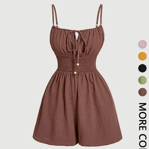 Women's Casual Chic Sleeveless Romper with Front Tie and Elastic Waist, Stylish All-In-One Romper for Summer, Trendy Aesthetic Fashion for Ladies