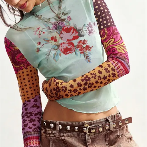 Women's Bohemian Style Sheer Mesh Top, Floral Print Long Sleeve High Neck Top, Comfortable Fitted Design, Ideal for Daily Commute, Streetwear, Travel, Campus Wear