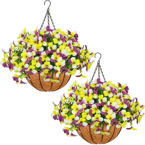 2-Pcs Silk Fabric Hanging Flower Baskets with Realistic UV Resistant Flowers, Vibrant Daisies & Eucalyptus Leaves, Ideal for Outdoor Decoration, Home Garden Supplies Planter,sohochic
