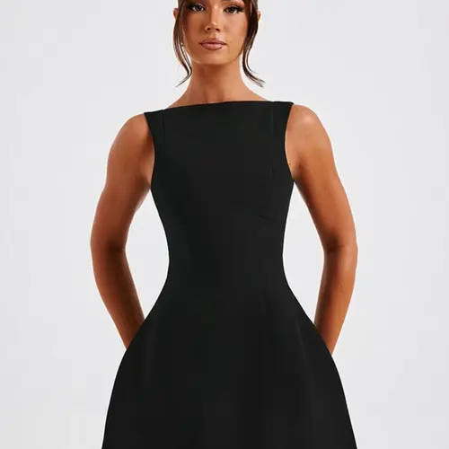 Women's Basic Solid Backless Boat Neck Tank A-line Dress, Street Fashion Casual Sleeveless Short Dress for Daily Outdoor Wear, Ladies Dress for Summer, Teacup Dress, Soul Dress, Womenswear, Beach Tank Dress, Beach Sundress