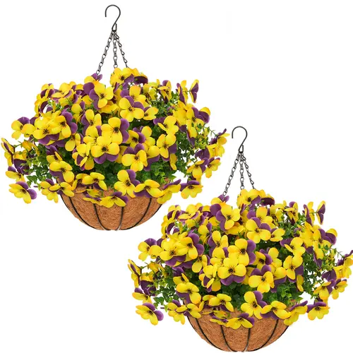 2-Piece Set Silk Fabric Pansy Hanging Baskets - UV-Resistant Flowers, Realistic Vibrant Daisies, Eucalyptus Leaves - For Balconies, Flower Pots & Planters, Summer Outdoor Decoration,sohochic