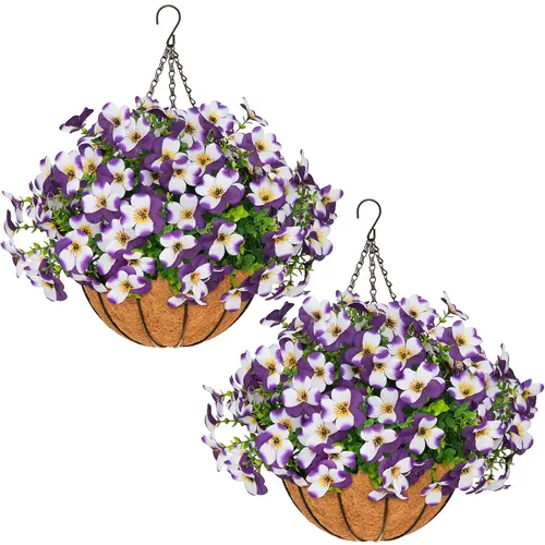 2 Pcs Silk Fabric Artificial Pansy Hanging Flower Pots - Garden Planter with Natural Look, UV-Resistant for Long Color, Vibrant Daisies & Eucalyptus Leaves, Ideal for Summer Outdoor Porch Decoration,sohochic