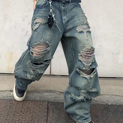 2026 Summer New Men's Loose-Fitting Distressed Ripped Knee Trendy Breathable Comfortable Wide-Leg Jeans Pants, Fashionable and Versatile Denim Jeans, Streetwear Menswear