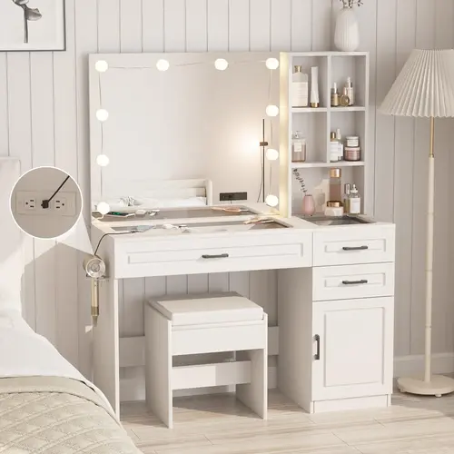 [SohoChic] Vabches Large Makeup Vanity Desk, Makeup Dresser with Glass Top Surface and Ample Storage Space,dorm essentials,home decor Vanity With Drawers Makeup Vanity Furniture Makeup Dresser Table Makeup Desk With Mirror