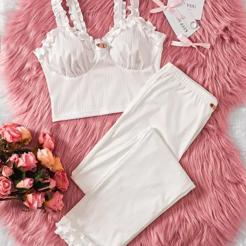 Women's Frill Trim Backless Crop Cami Top & Elastic Waist Pants Pyjama Set, Pajama Set, Casual Comfy Sleeveless Top & Flower Decor Trousers PJ Set, Ladies Sleepwear & Loungewear for All Seasons
