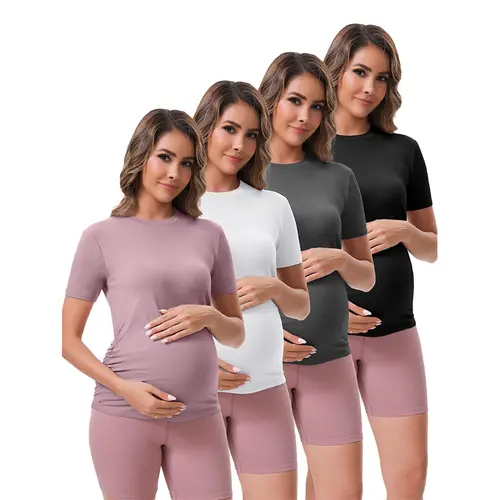 HovSiyla 4-Pack Maternity Crew Neck Shirts - Maternity Clothing, Casual Short Sleeve, Side Ruching, Moisture Wicking, Bump Friendly Outfits, Lace Detailing, Spandex (Size S) Pregnancy Bra Cover-Up