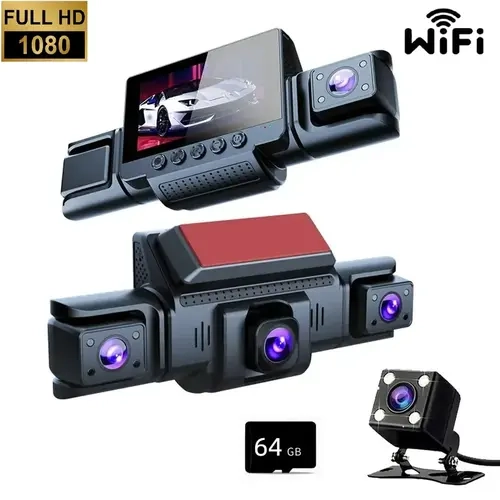 WHATOOK 4-Channel Car Dashboard Camera Dashcam, 1080p Full HD Car Driving Recorder with 64GB SD Card, 3" IPS Screen, Enhanced Night Vision, Stable Shell, GPS, Parking Mode, Loop Recording, Wi-Fi Connectivity,toolupgrade