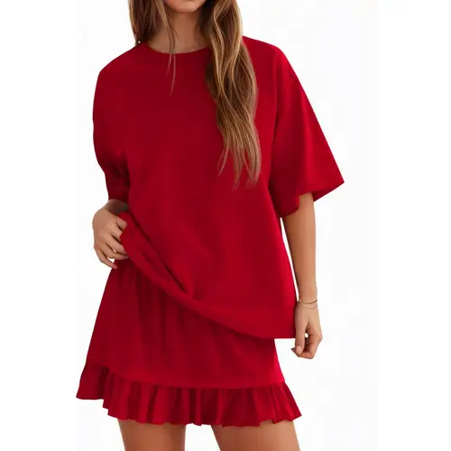Yousify Women's 2-Piece Minimalist Basic Set - Half Sleeve Crew Neck Top & Casual Mini Skirt, Women's Clothes for Summer Vacation Loungewear, Easy Styling Casual Set,sohochic